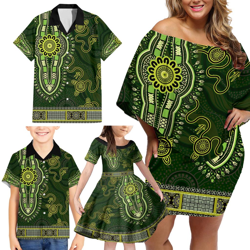 Lime Green African Dashiki With Australia Aboriginal Art Family Matching Off Shoulder Short Dress and Hawaiian Shirt