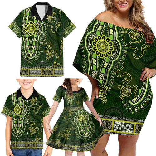 Lime Green African Dashiki With Australia Aboriginal Art Family Matching Off Shoulder Short Dress and Hawaiian Shirt
