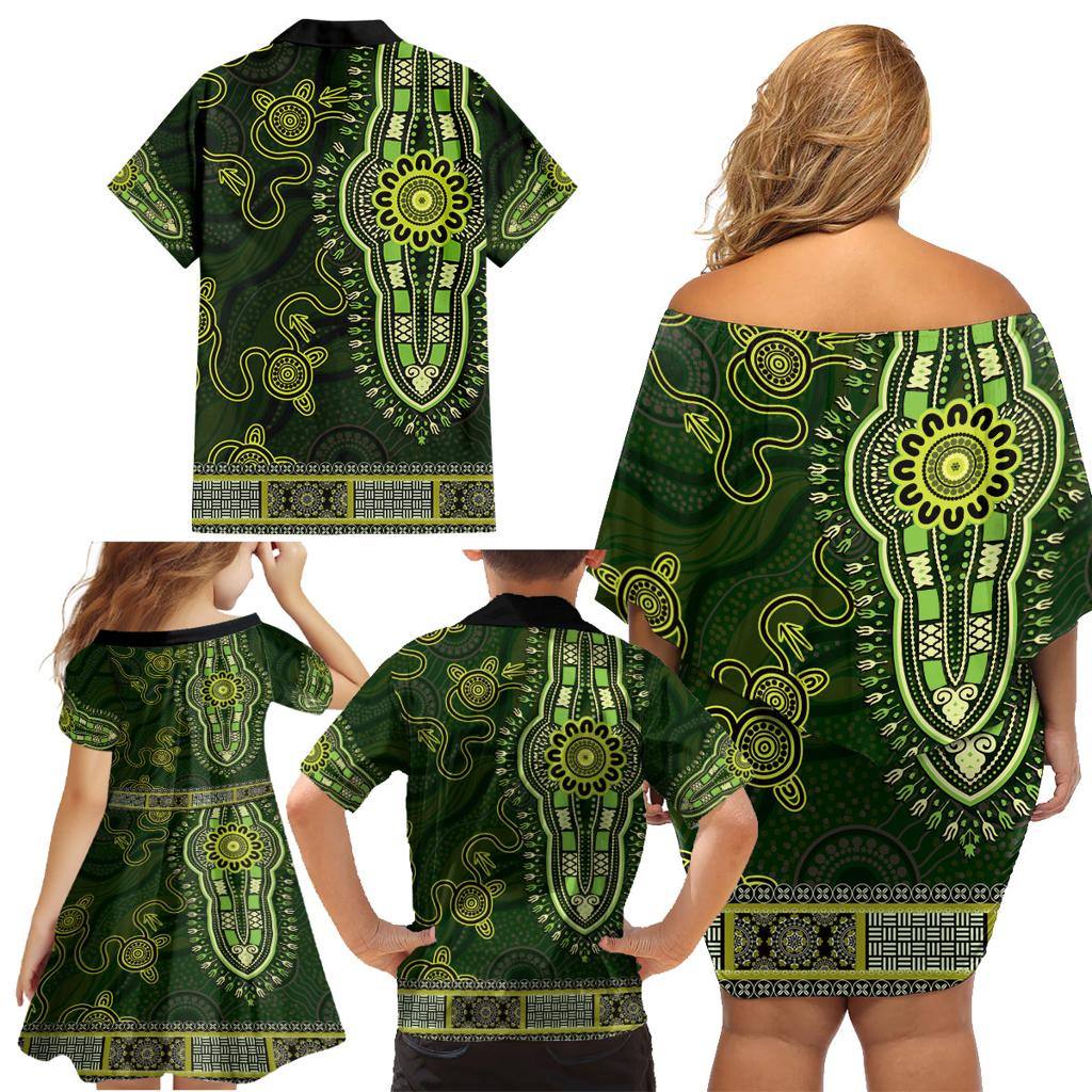 Lime Green African Dashiki With Australia Aboriginal Art Family Matching Off Shoulder Short Dress and Hawaiian Shirt