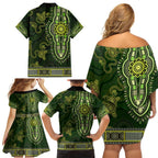 Lime Green African Dashiki With Australia Aboriginal Art Family Matching Off Shoulder Short Dress and Hawaiian Shirt