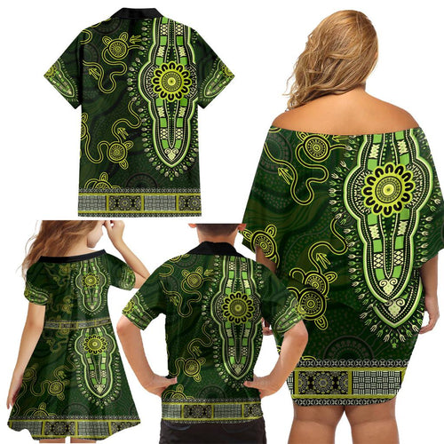 Lime Green African Dashiki With Australia Aboriginal Art Family Matching Off Shoulder Short Dress and Hawaiian Shirt