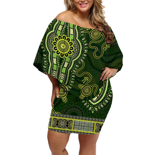 Lime Green African Dashiki With Australia Aboriginal Art Family Matching Off Shoulder Short Dress and Hawaiian Shirt