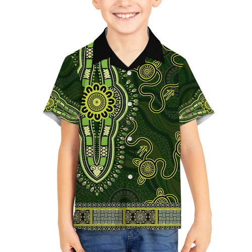 Lime Green African Dashiki With Australia Aboriginal Art Family Matching Off Shoulder Short Dress and Hawaiian Shirt