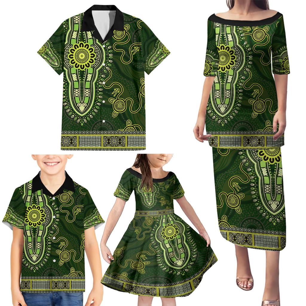 Lime Green African Dashiki With Australia Aboriginal Art Family Matching Puletasi and Hawaiian Shirt