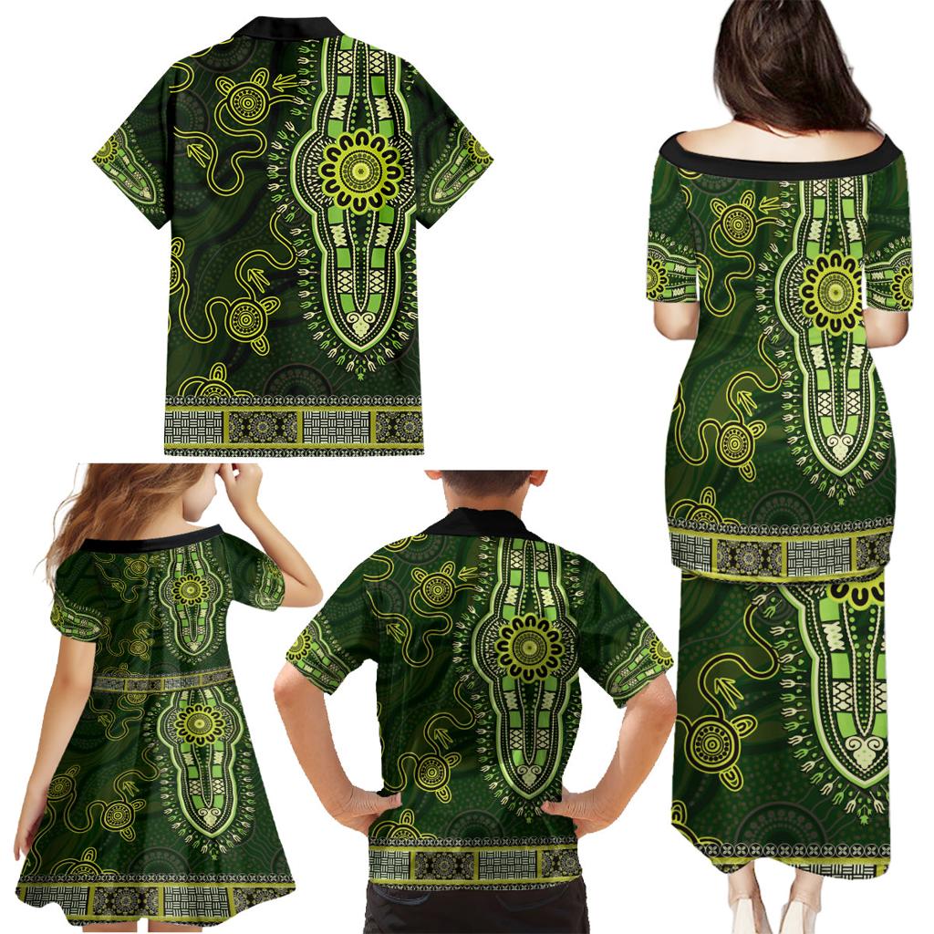 Lime Green African Dashiki With Australia Aboriginal Art Family Matching Puletasi and Hawaiian Shirt