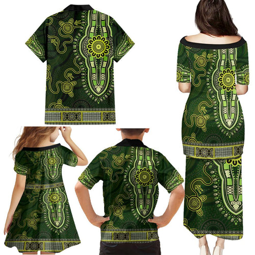 Lime Green African Dashiki With Australia Aboriginal Art Family Matching Puletasi and Hawaiian Shirt