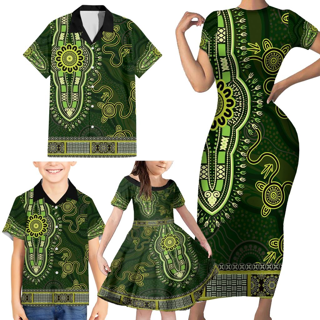 Lime Green African Dashiki With Australia Aboriginal Art Family Matching Short Sleeve Bodycon Dress and Hawaiian Shirt
