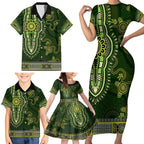 Lime Green African Dashiki With Australia Aboriginal Art Family Matching Short Sleeve Bodycon Dress and Hawaiian Shirt