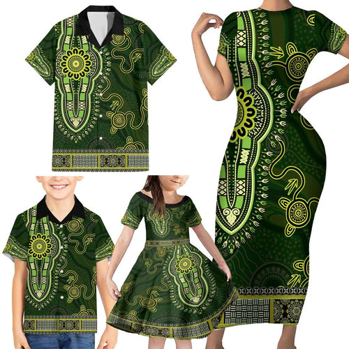 Lime Green African Dashiki With Australia Aboriginal Art Family Matching Short Sleeve Bodycon Dress and Hawaiian Shirt