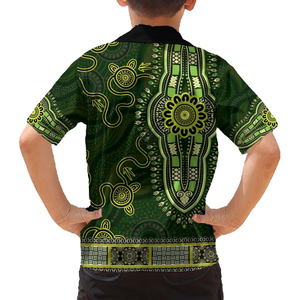 Lime Green African Dashiki With Australia Aboriginal Art Family Matching Short Sleeve Bodycon Dress and Hawaiian Shirt