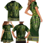 Lime Green African Dashiki With Australia Aboriginal Art Family Matching Short Sleeve Bodycon Dress and Hawaiian Shirt