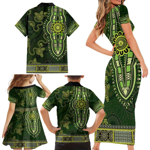 Lime Green African Dashiki With Australia Aboriginal Art Family Matching Short Sleeve Bodycon Dress and Hawaiian Shirt