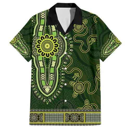 Lime Green African Dashiki With Australia Aboriginal Art Family Matching Short Sleeve Bodycon Dress and Hawaiian Shirt
