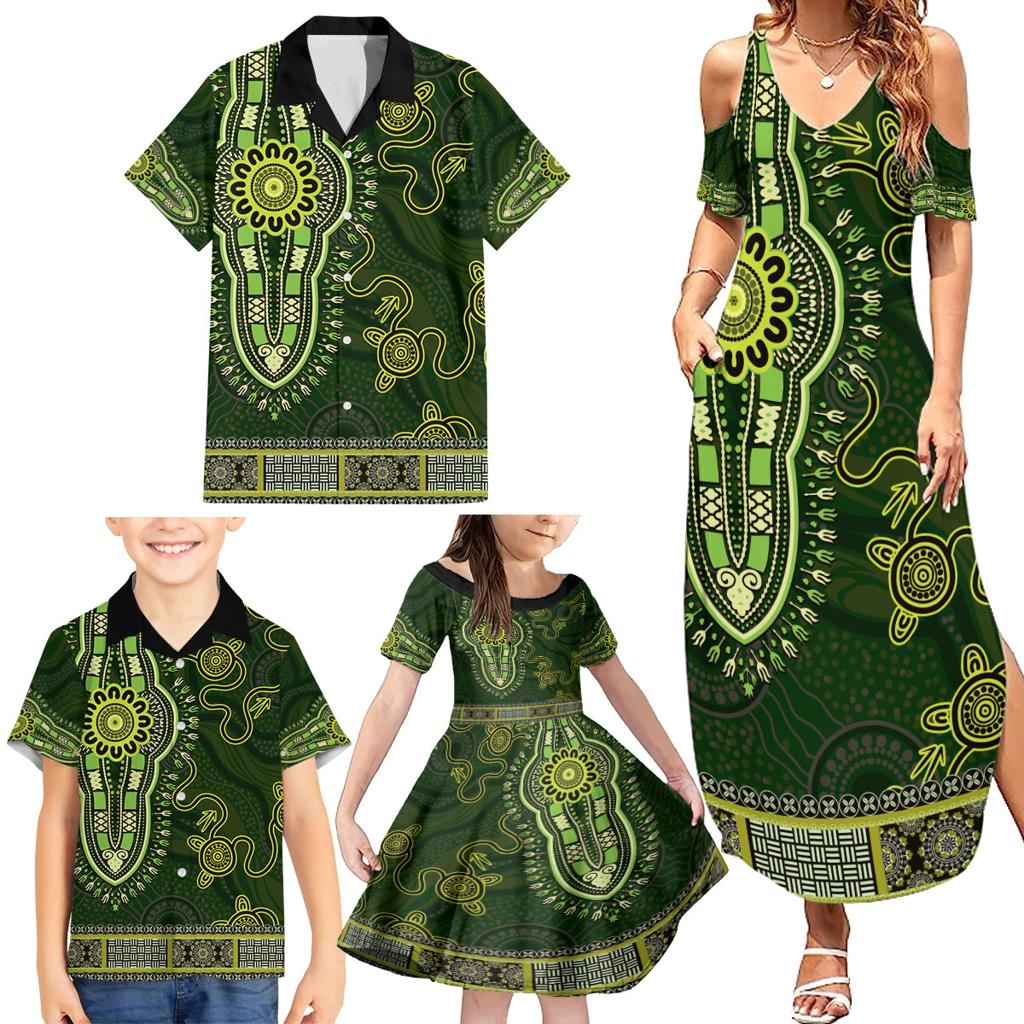 Lime Green African Dashiki With Australia Aboriginal Art Family Matching Summer Maxi Dress and Hawaiian Shirt