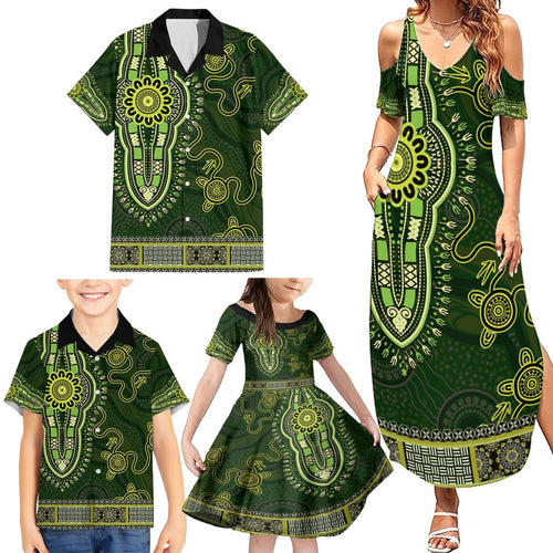 Lime Green African Dashiki With Australia Aboriginal Art Family Matching Summer Maxi Dress and Hawaiian Shirt