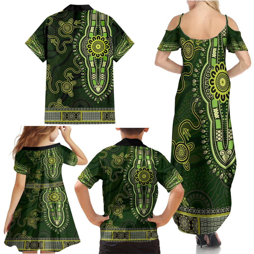 Lime Green African Dashiki With Australia Aboriginal Art Family Matching Summer Maxi Dress and Hawaiian Shirt