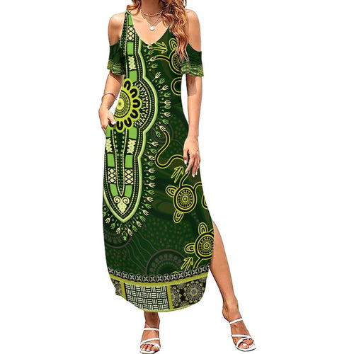Lime Green African Dashiki With Australia Aboriginal Art Family Matching Summer Maxi Dress and Hawaiian Shirt