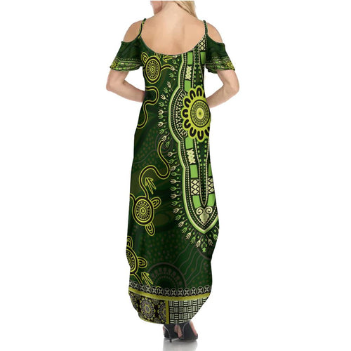Lime Green African Dashiki With Australia Aboriginal Art Family Matching Summer Maxi Dress and Hawaiian Shirt