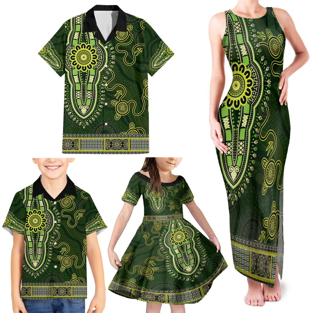 Lime Green African Dashiki With Australia Aboriginal Art Family Matching Tank Maxi Dress and Hawaiian Shirt