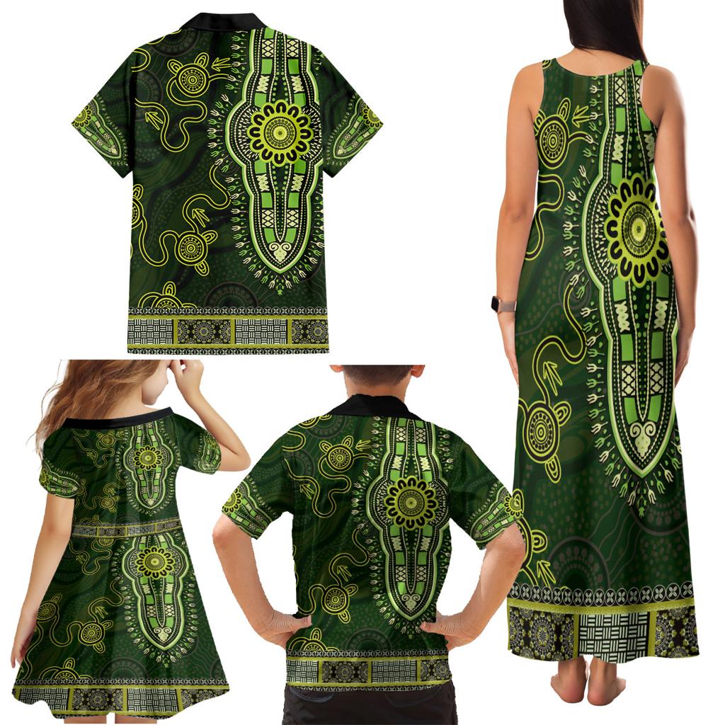 Lime Green African Dashiki With Australia Aboriginal Art Family Matching Tank Maxi Dress and Hawaiian Shirt