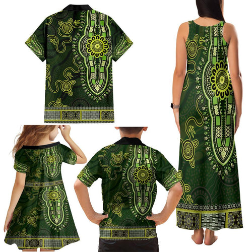 Lime Green African Dashiki With Australia Aboriginal Art Family Matching Tank Maxi Dress and Hawaiian Shirt