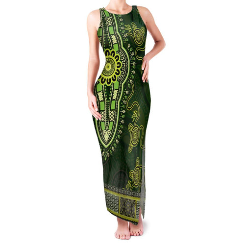 Lime Green African Dashiki With Australia Aboriginal Art Family Matching Tank Maxi Dress and Hawaiian Shirt