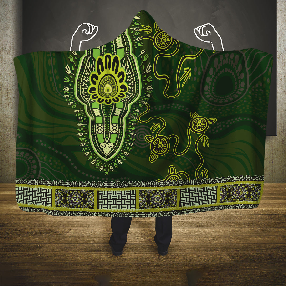 Lime Green African Dashiki With Australia Aboriginal Art Hooded Blanket