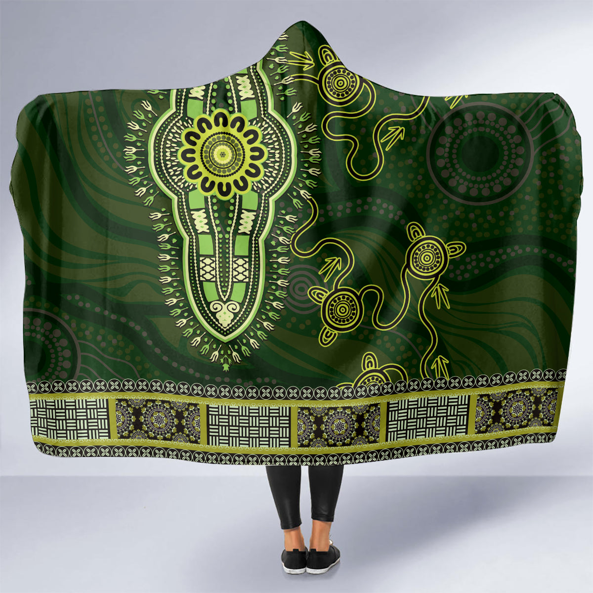 Lime Green African Dashiki With Australia Aboriginal Art Hooded Blanket