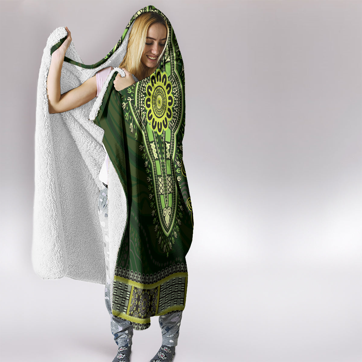 Lime Green African Dashiki With Australia Aboriginal Art Hooded Blanket