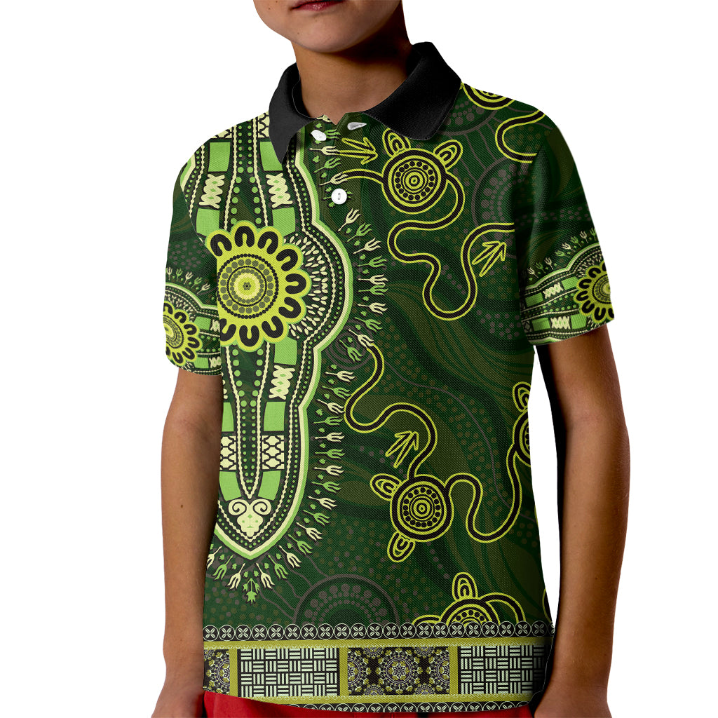 Lime Green African Dashiki With Australia Aboriginal Art Kid Polo Shirt