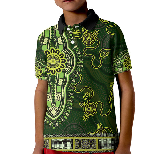 Lime Green African Dashiki With Australia Aboriginal Art Kid Polo Shirt