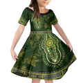 Lime Green African Dashiki With Australia Aboriginal Art Kid Short Sleeve Dress