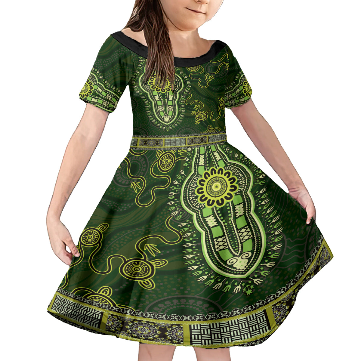 Lime Green African Dashiki With Australia Aboriginal Art Kid Short Sleeve Dress