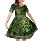 Lime Green African Dashiki With Australia Aboriginal Art Kid Short Sleeve Dress