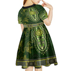 Lime Green African Dashiki With Australia Aboriginal Art Kid Short Sleeve Dress