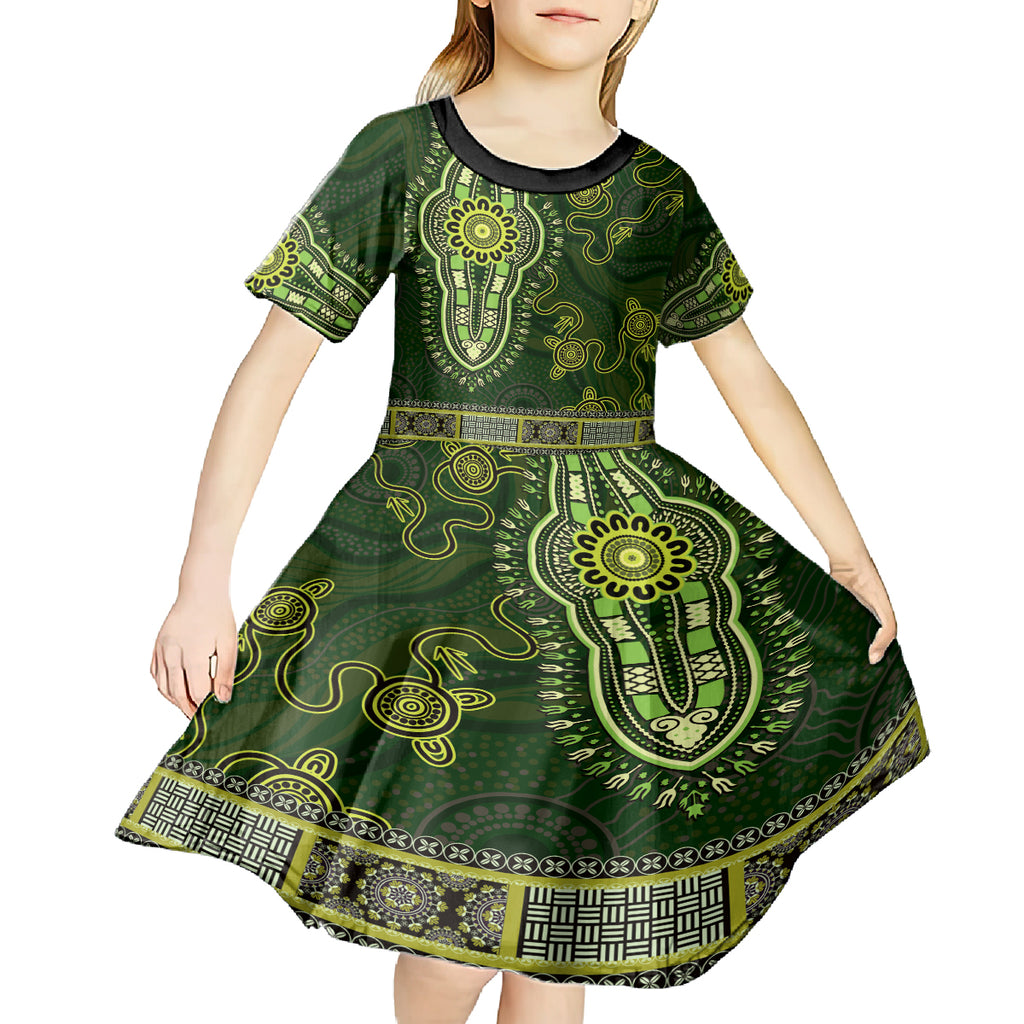 Lime Green African Dashiki With Australia Aboriginal Art Kid Short Sleeve Dress
