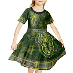 Lime Green African Dashiki With Australia Aboriginal Art Kid Short Sleeve Dress