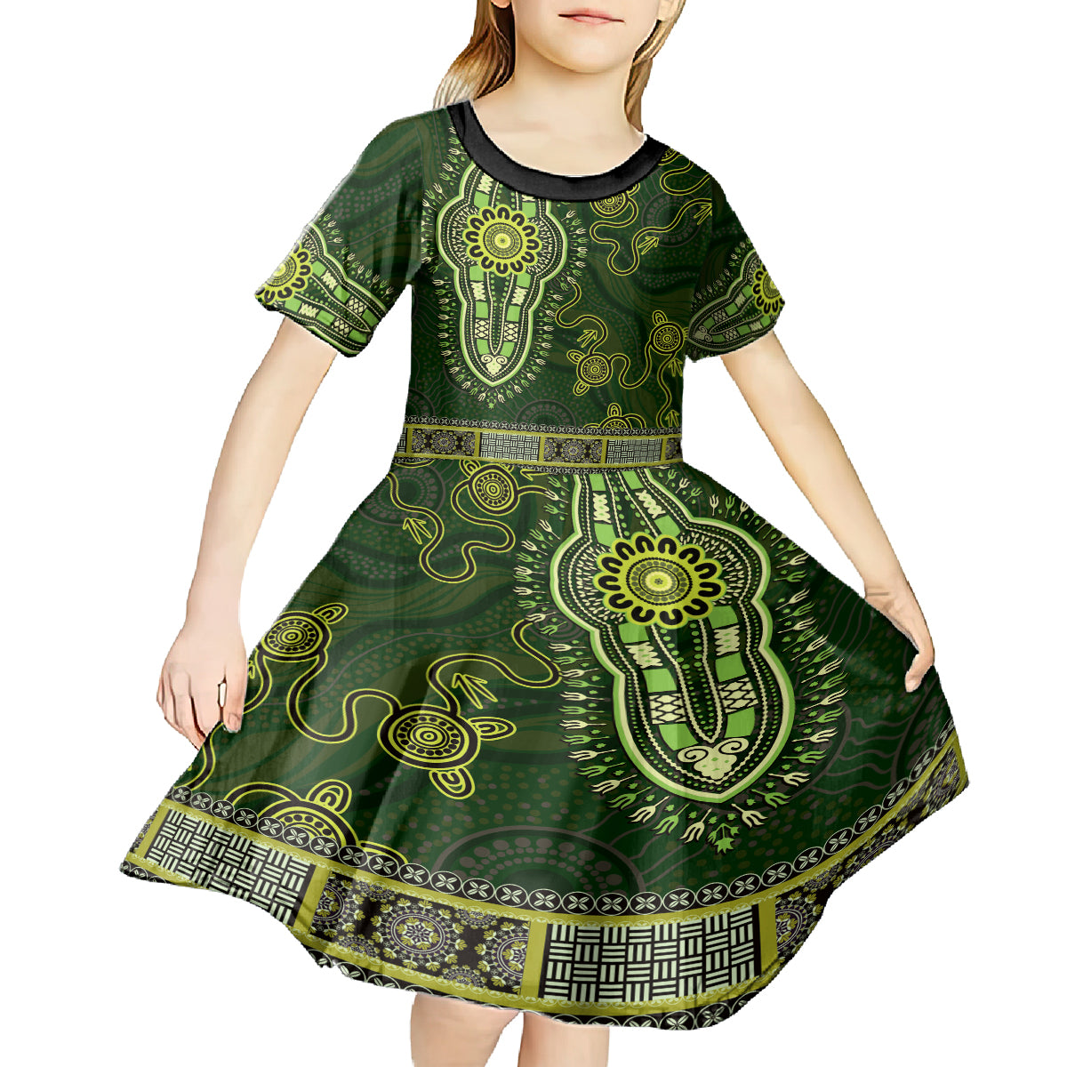 Lime Green African Dashiki With Australia Aboriginal Art Kid Short Sleeve Dress