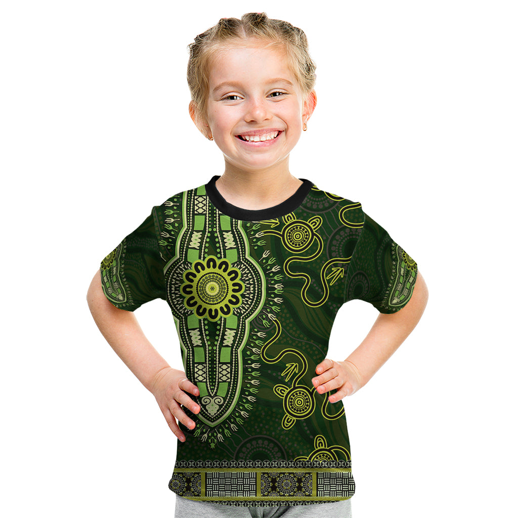 Lime Green African Dashiki With Australia Aboriginal Art Kid T Shirt