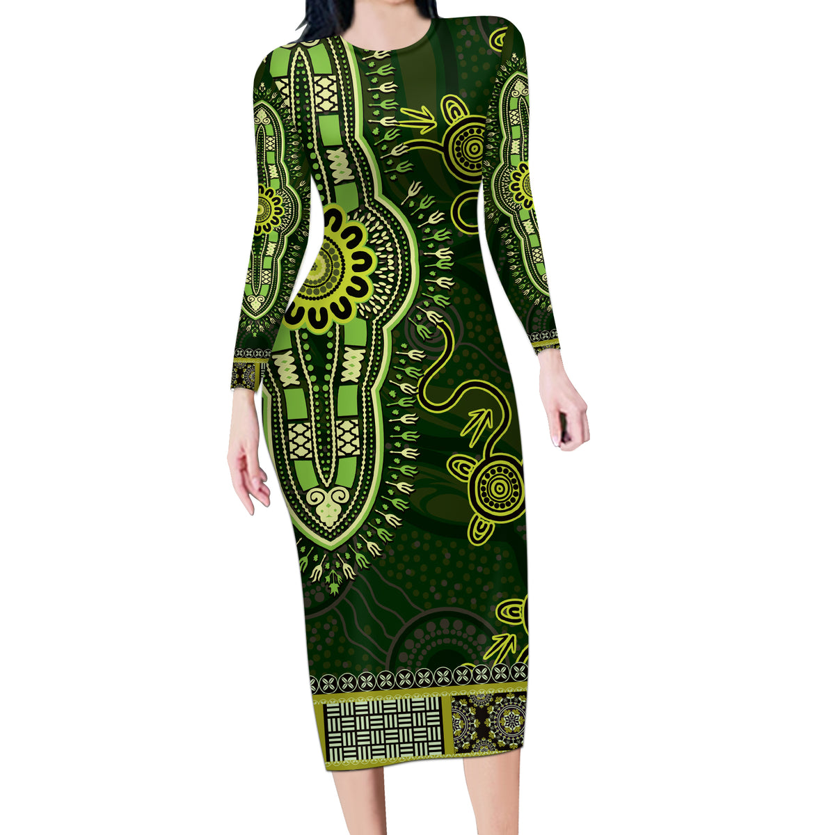 Lime Green African Dashiki With Australia Aboriginal Art Long Sleeve Bodycon Dress