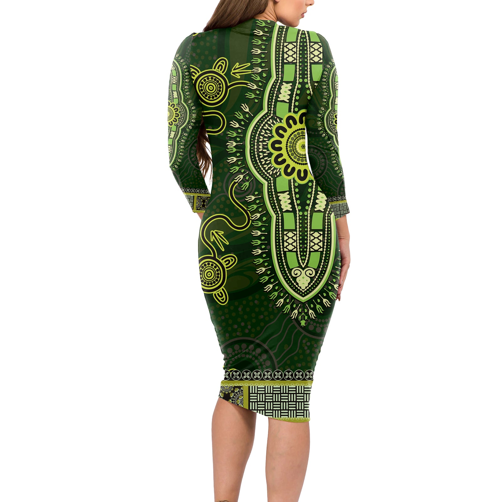 Lime Green African Dashiki With Australia Aboriginal Art Long Sleeve Bodycon Dress