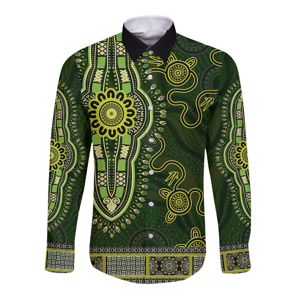 Lime Green African Dashiki With Australia Aboriginal Art Long Sleeve Button Shirt