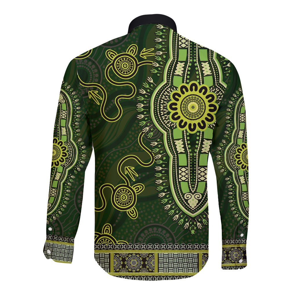 Lime Green African Dashiki With Australia Aboriginal Art Long Sleeve Button Shirt