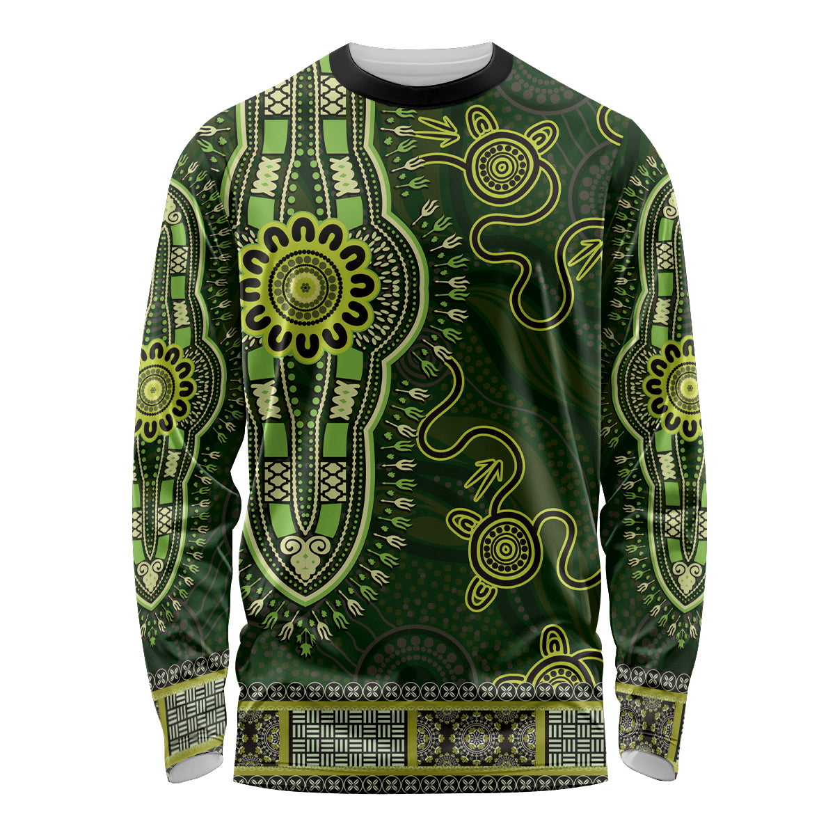 Lime Green African Dashiki With Australia Aboriginal Art Long Sleeve Shirt