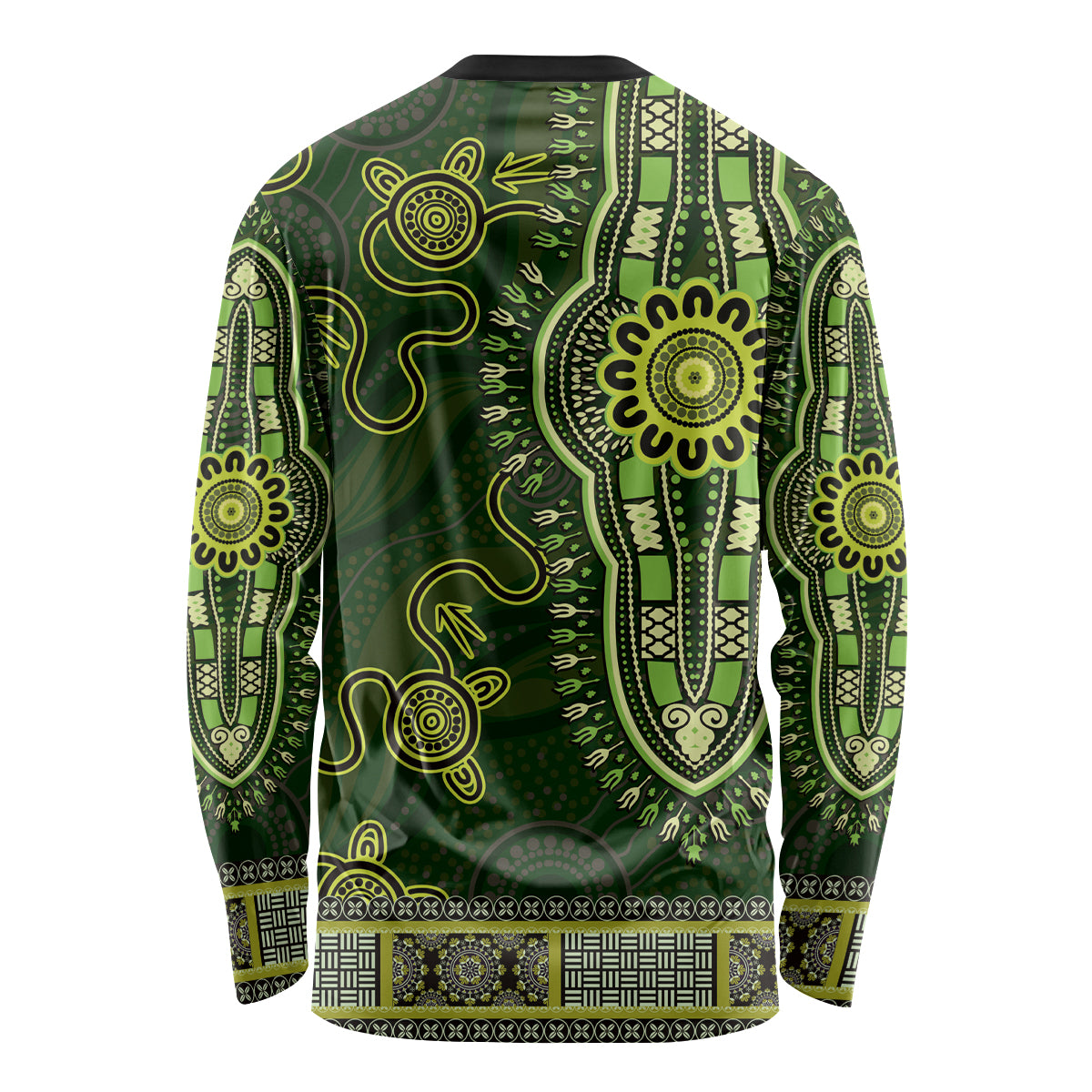 Lime Green African Dashiki With Australia Aboriginal Art Long Sleeve Shirt