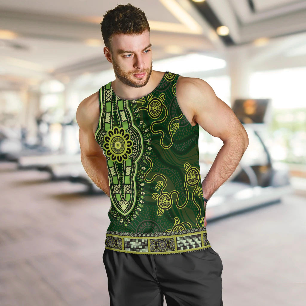 Lime Green African Dashiki With Australia Aboriginal Art Men Tank Top