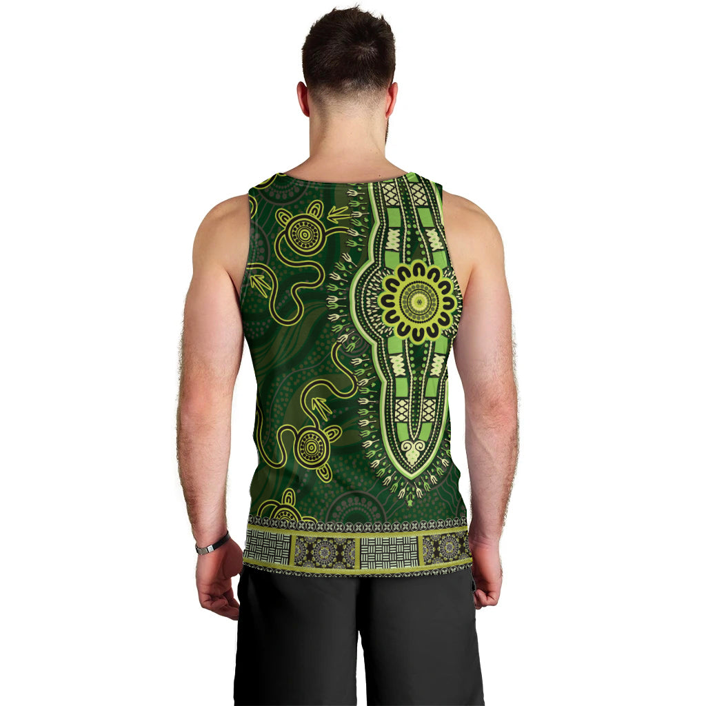 Lime Green African Dashiki With Australia Aboriginal Art Men Tank Top