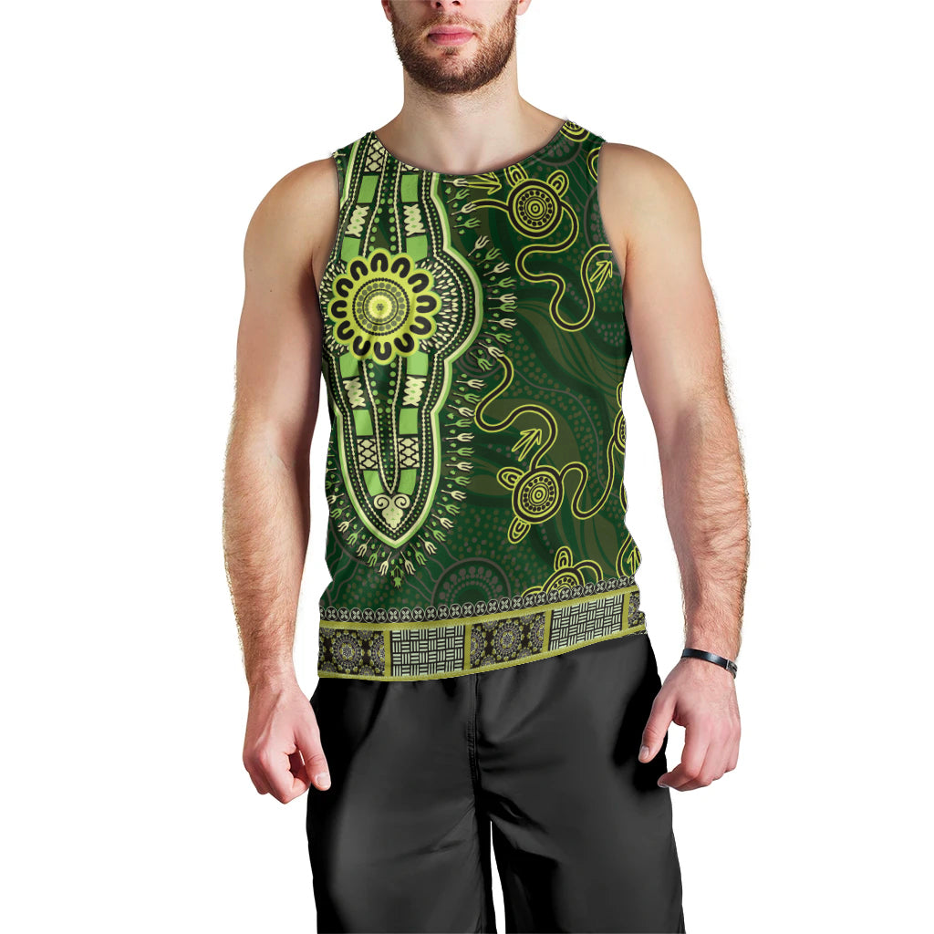 Lime Green African Dashiki With Australia Aboriginal Art Men Tank Top