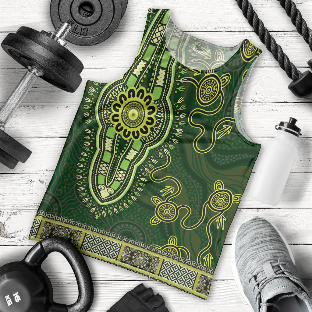 Lime Green African Dashiki With Australia Aboriginal Art Men Tank Top