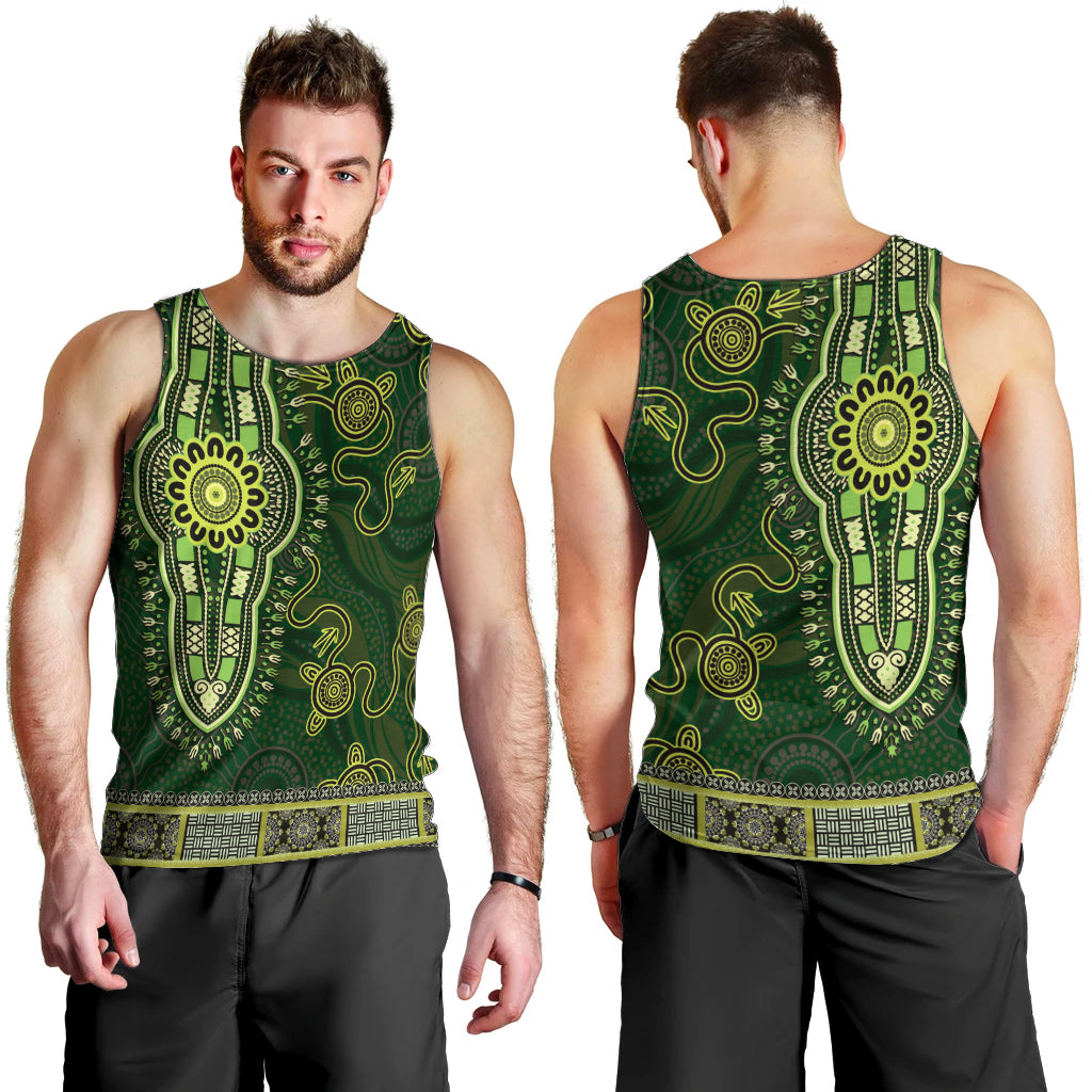 Lime Green African Dashiki With Australia Aboriginal Art Men Tank Top